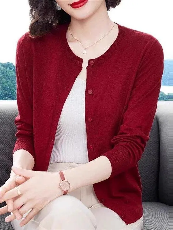 

Новый тонкий вязаный кардиган на весну-осень, женский свитер-жакет свободного кроя, большие размеры, с круглым вырезом, укороченный топ