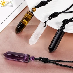 CSJA Hexagonal Natural Stone Pendant Crystal Necklace for Women Men Amethyst Tiger Eye Black Obsidian Adjustable Rope Chain H477