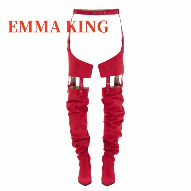 الأحمر فو الجلد المدبوغ الغربية Chap التمهيد أشار تو إسفين كعب الفخذ عالية Bootie موضة الأحذية النسائية المنصة الشتاء راعية البقر الأحذية