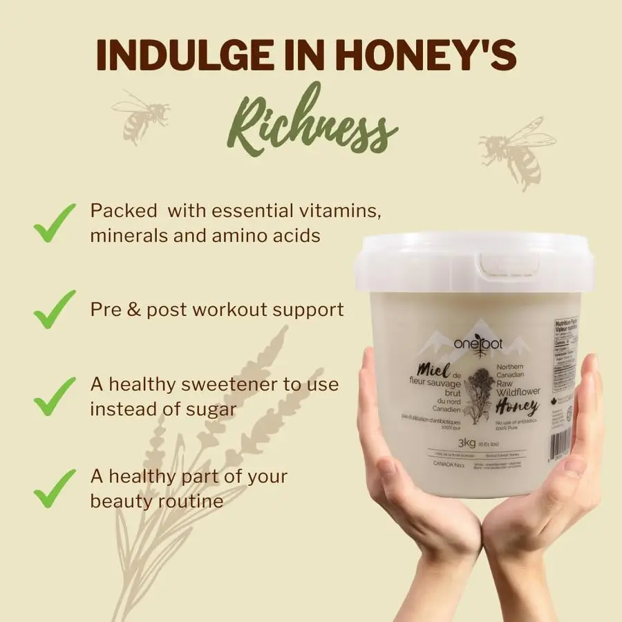 100 عسل الزهور البرية الكندية 6.6 رطل، أمبير غير ساخن، مغذي كريمي، مُحلي طبيعي مع إنزيمات سميكة أمبير نقية خام Unfi