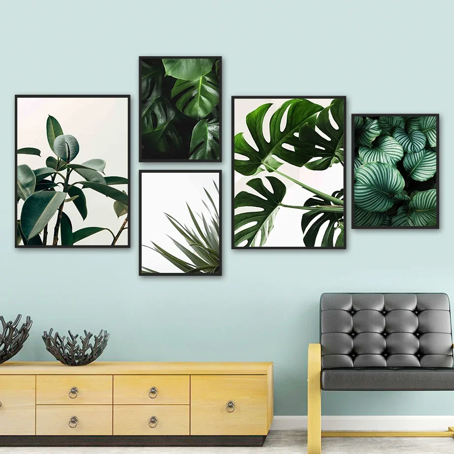 Tropical Green Plants Monstera Sisal Leaf Wall Art Canvas Painting Posters And Prints Wall Pictures Nordic For Living Room Decor