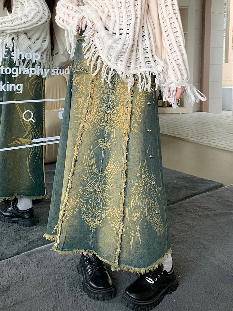 FIGOHR American washed yellow mud pattern denim skirt women high waist loose A-line knee length skirt for spring summer