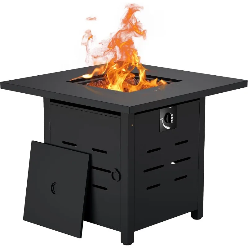 28 Inch Propane Fire Pit Outdoor Fire Pit Table 50000 BUT Gas Fire Pit with Lid and Lava Rock, 2-in-1 Table