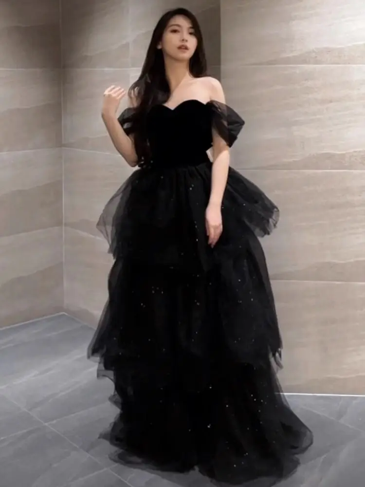 Black Evening Dress 2023 New Luxury Style Dress Banquet Host Dress Suit Small Black Dress Dark Dress Black Gauze Party Dress