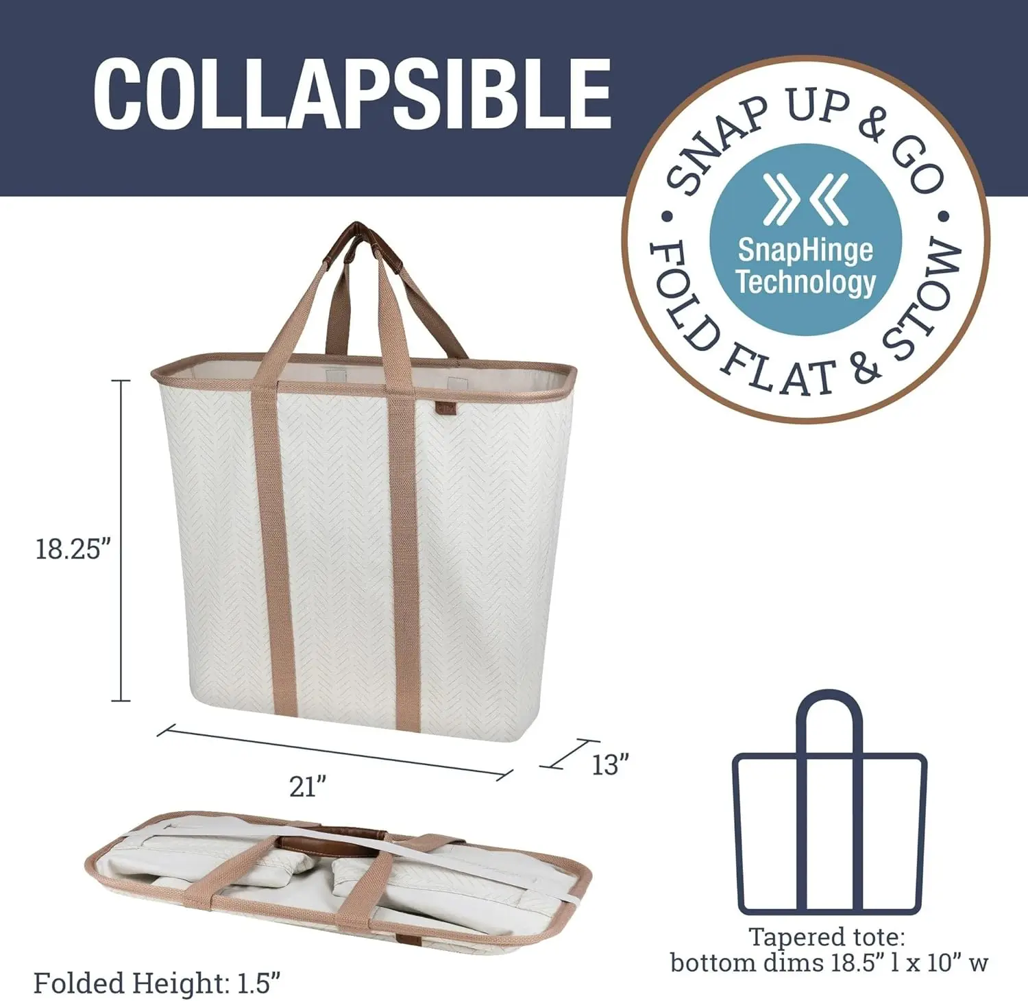 Collapsible Laundry Caddy, Cream Herringbone 2PK-64L (17 Gal) Premium Cotton Blend Foldable Basket with Sturdy Pop-Up Wire Frame