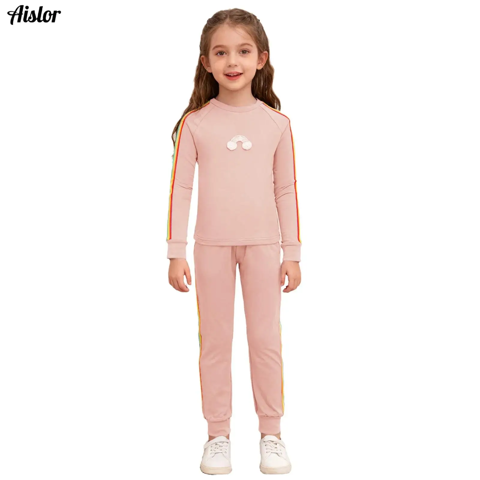 

Kids Girls Thermal Underwear Set Round Neck Long Sleeve Rainbow Contrasting Stripes Top with Pockets Pants Set Casual Homewear