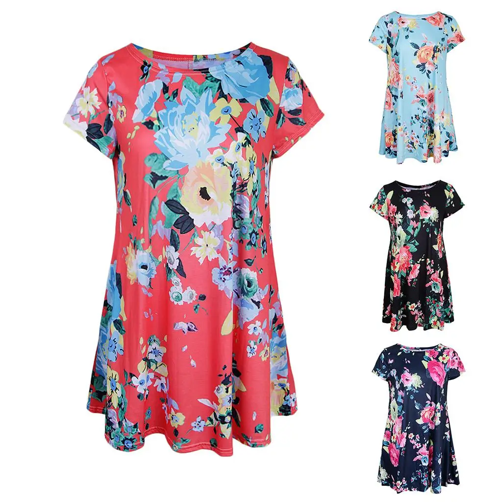 

Женское свободное мини-платье с цветочным принтом и круглым вырезом с короткими рукавами