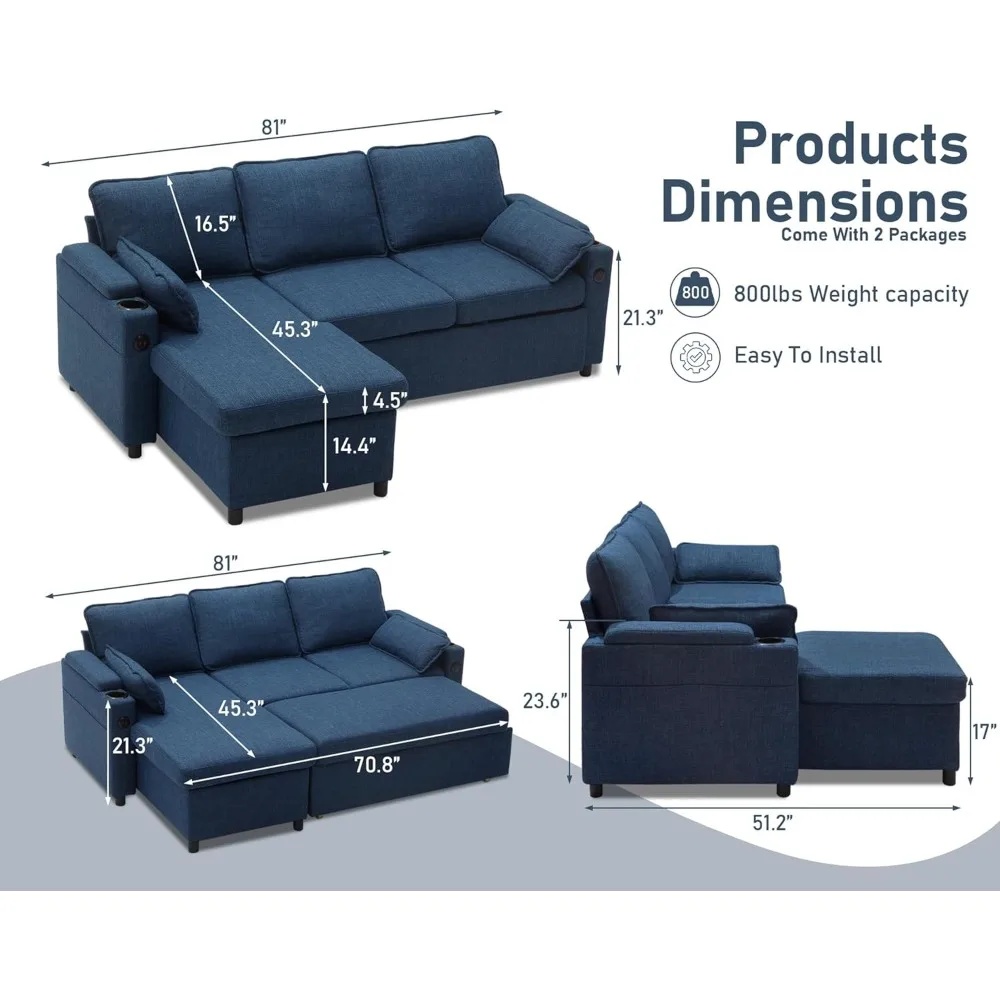 Sofa Bed Sleeper: 2 in 1 Sectional Sleeper Sofa Couches with Storage, USB, Cup Holder