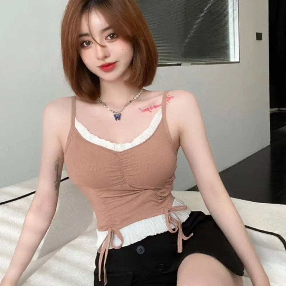 

Soft Lace Up Ruffle Crop Top Sweet Vest Sleeveless Tank Top Beachwear Korean Bra With Pads Camisole Girl