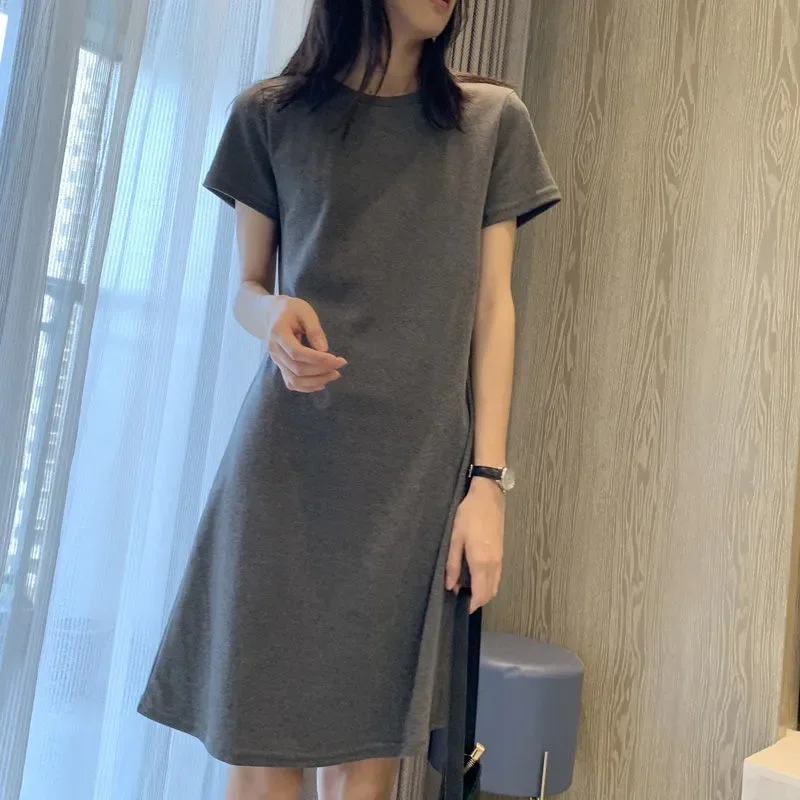 

Women's Solid Cotton A Line T Shirt Dress Summer Loose Casual Short Sleeve Midi Dress