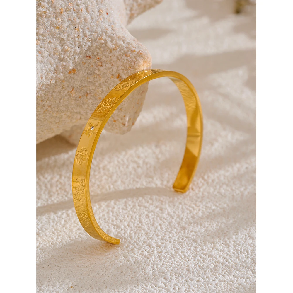 Yhpup Ocean Series Stainless Steel Shell Seahorse Starfish Conch Open Bracelet Bangle Tarnish Resistant Summer Holiday Jewelry