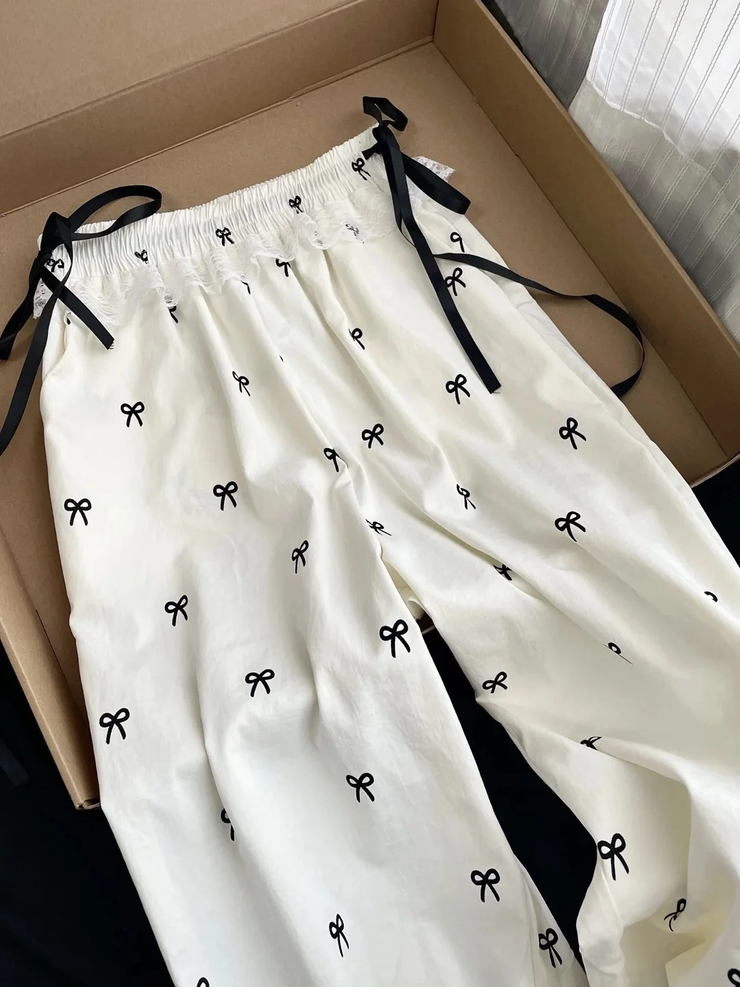 Pantalon taille haute avec nœud en dentelle pour femme, ample, jambe droite, décontracté, jambes larges, petite taille, assorti, automne