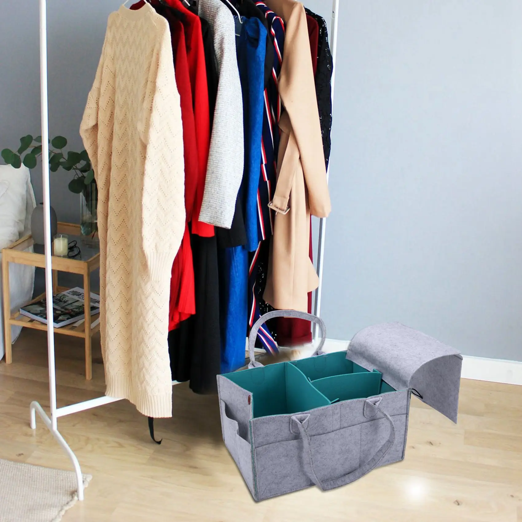 AS96-2X ผ้าสักหลาดแบบพับได้ผ้าอ้อมเด็กแคดดี้ ออแกไนเซอร์ฝาปิดถอดได้กระเป๋าเด็กแบบพกพากระเป๋ากล่อง