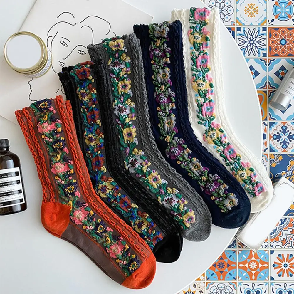 

1 Pair Middle Tube Twist Warm Women Socks Flower Pattern Ethnic Print Crew Socks Anti-Slip High Elastic Winter Socks For Autumn