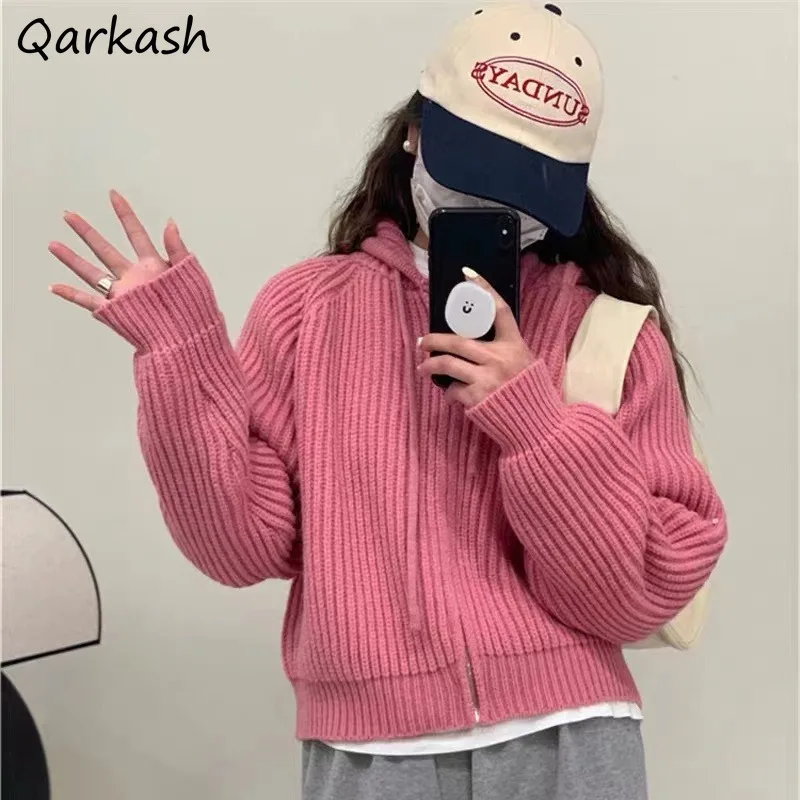 

Hooded Short Knitted Cardigan Women Autumn Winter New Loose Slouchy Zipper Drawstring Solid All-match Candy Color Female Mujer