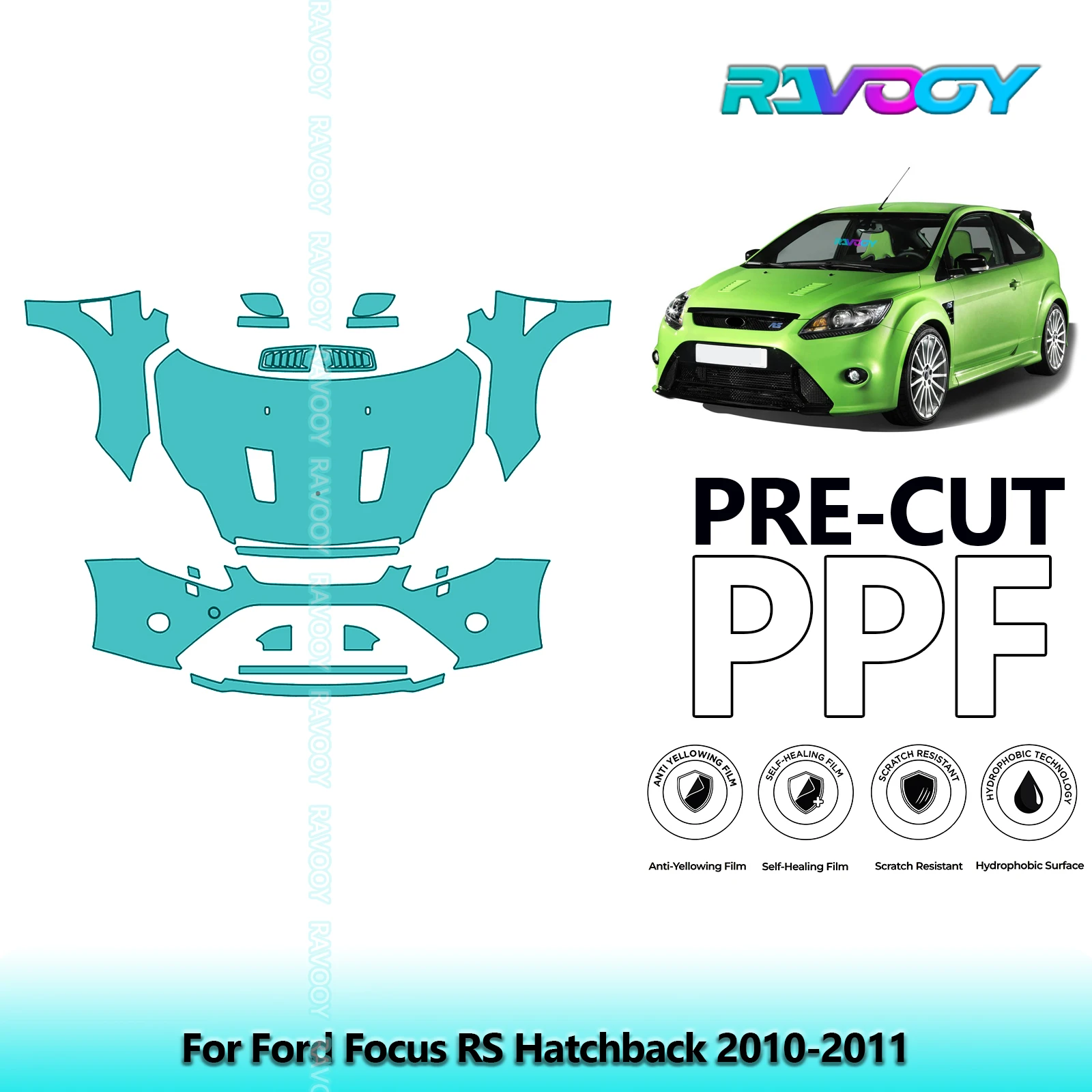 RAVOOY 8.5Mil Custom-Fit Precut TPU PPF Front Kit Clear Bra Stone Guard EU UK For Ford Focus RS Hatchback 2010-2011
