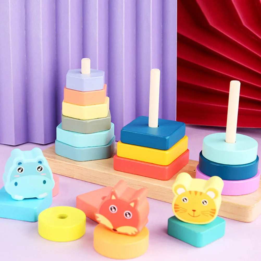 

1Set Geometric Wooden Ring Stacker Safe Colorful Baby Rings Toddler Hand Eye Coordination Educational Learning Game