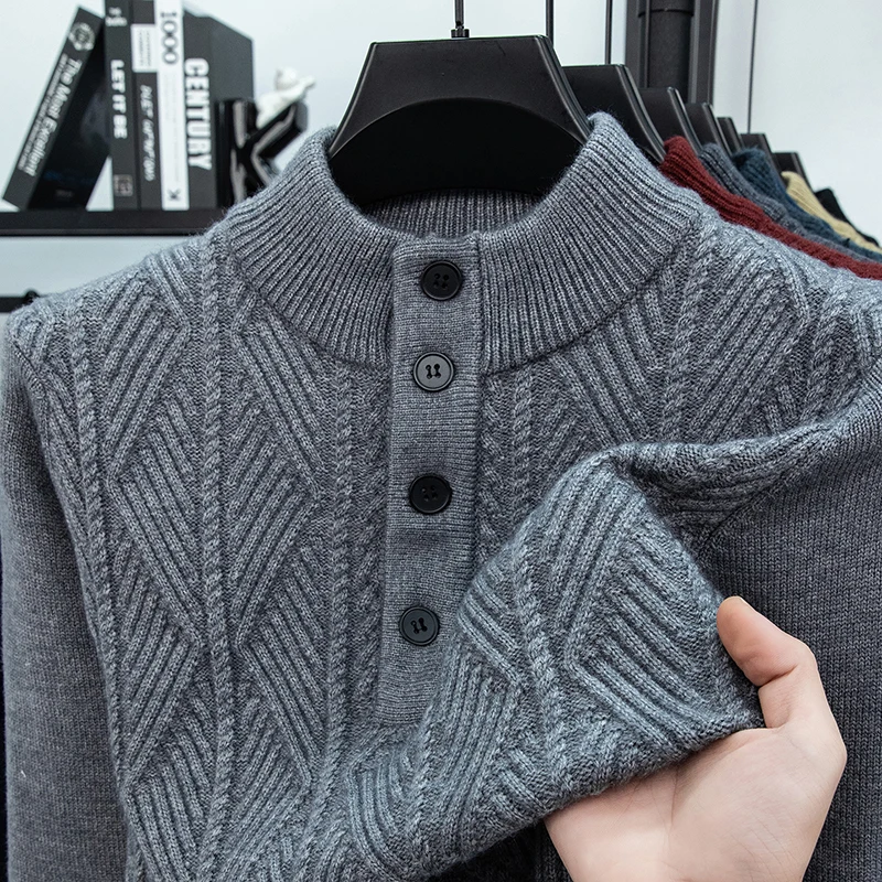 

Men Thick Trendy Sweater 2025 Winter Fashion 4 Buttons Warm Jumper Long Sleeve Knitwear Mock Neck Clothes Pullovers