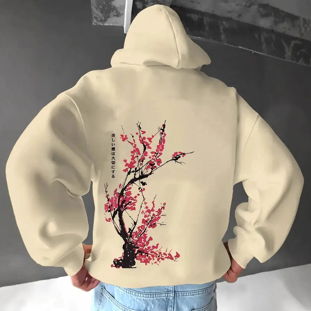 Men's Casual Hoodie with Cherry Blossom Print Slight Stretch Loose Fit Weekend Wear Fashion Long Sleeve Clothes Sportwear
