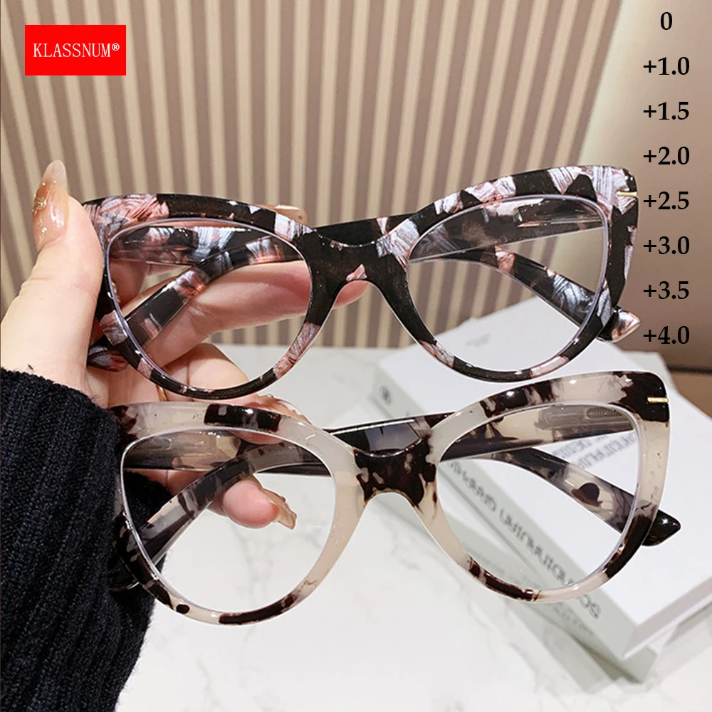 KLASSNUM Thick Frame Cat Eye Reading Glasses Women Magnifying Anti Blue Light Lens Plus Presbyopia Eyewear +1.0+1.5+2.0+2.5+3.0