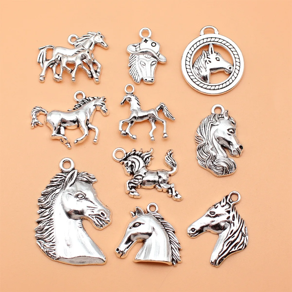 10pcs Antique Silver Color Horse Charms Collection For DIY Jewelry Making, 10 Styles, 1 of Each