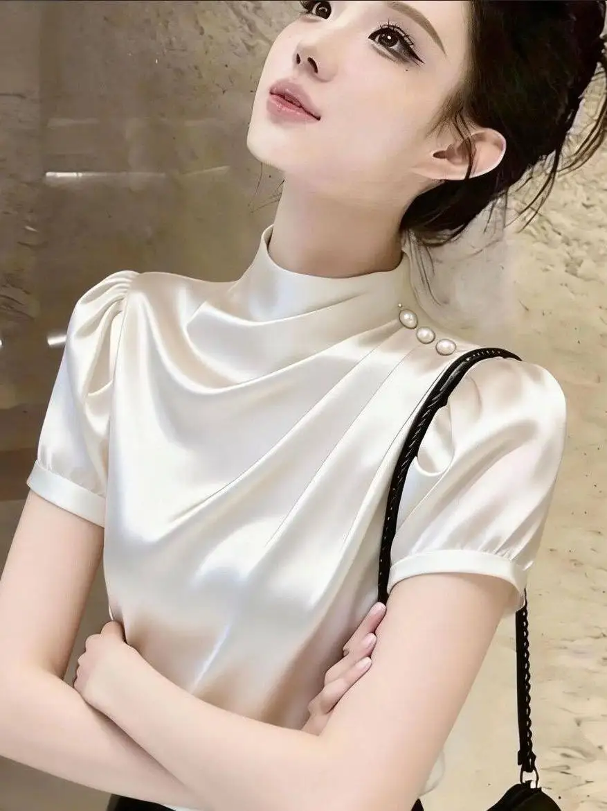 

Elegant Silk Shirt Stand Collar Short Sleeve Women's Fashionable Slimming Top Black Summer New Arrival Cover Belly Shirt