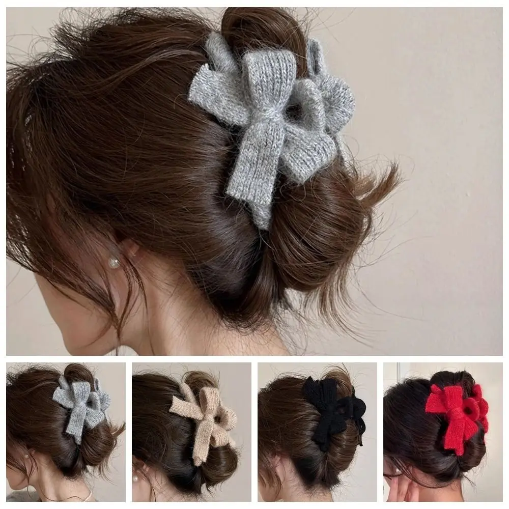 Simple Knitted Bow Hair Claw Plush Solid Color Hair Crab Clip Headdress Handmade Weave Large Shark Clip Ladies