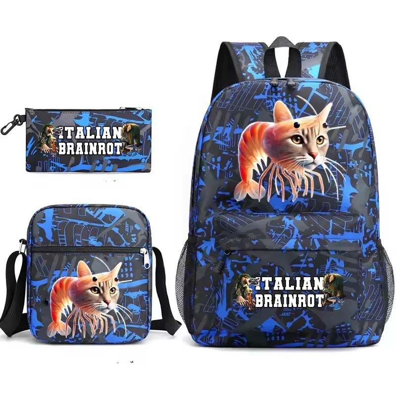 3pcs Italian Brainrot Print Children Backpack Set Boys Girls Schoolbag Students Simple Lightweight Backpacks Back To School Gift