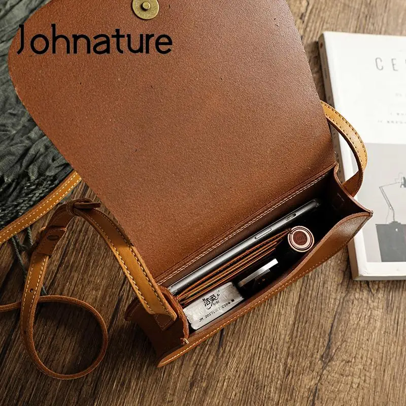 Johnature Simple Genuine Leather Crossbody Bags 2024 New Versatile Women Saddle Bag Vintage Natural Real Cowhide Shoulder Bags