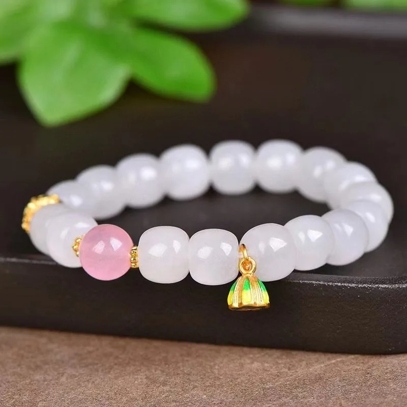 Natural Gold Silk Jade Bracelet White Jade Apple Beads Old Beads, Duobao Lotus Pod Bracelet, Men's and Women's Models.