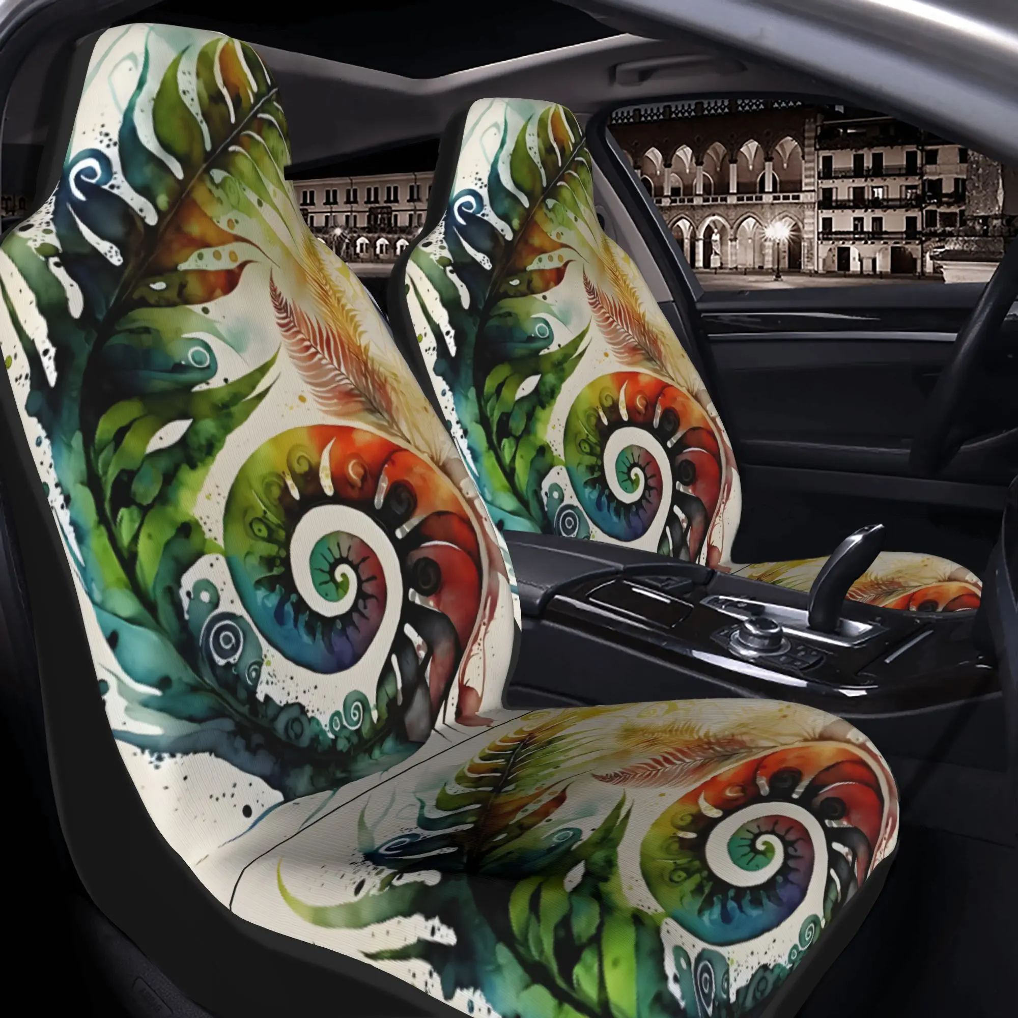 2pcs Enchanting Watercolor Feather And Nautilus Shell Artwork: Vibrant Spiral And Swirl DesignCar Seat Covers, Suitable For All