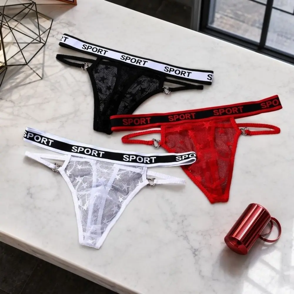 Low Waist Men's Mesh Hollow Thong Star Hollow Out Thin Strap Mesh Sheer Panties Transparent English Letter T-back Briefs Men