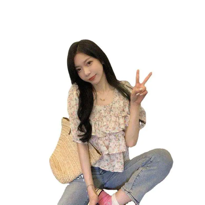 Sweet Square Collar Puff Sve Chiffon irt Women's Summer Faion Straight Cut  Knot Cold oulder Thin Cotton Bl...