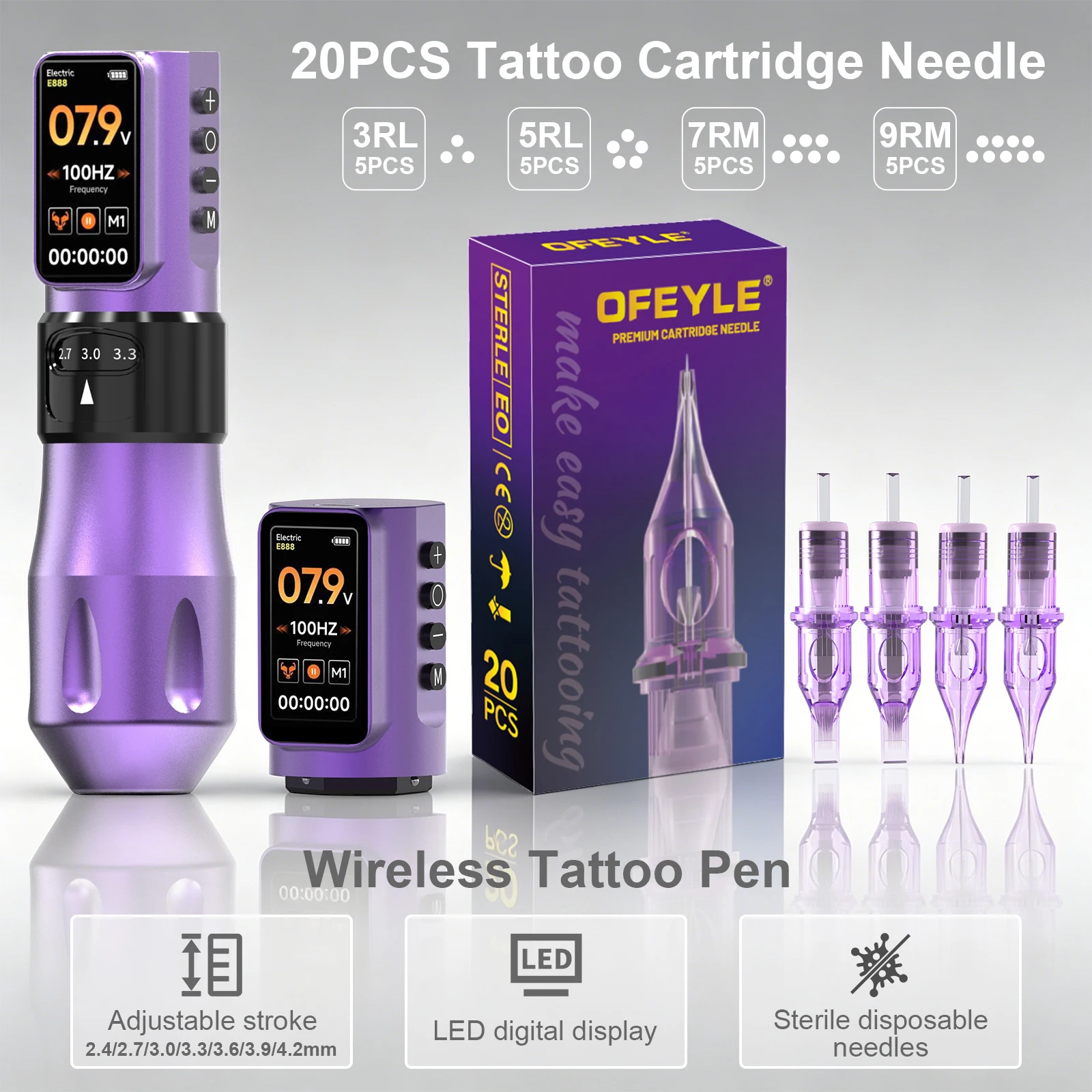 Wireless Tattoo Pen Machine Kit  Adjustable Stroke Rotary Tattoo Gun with 20PCS Mixed Tattoo Cartridge Needles for Professional Tattoo Artists