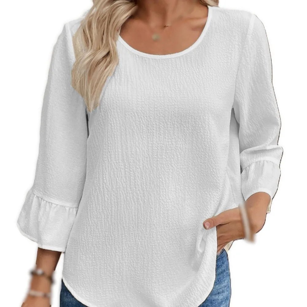 Women Solid Round Neck Three-Quarter Flared Sleeve Loose Top For Vacation, Holiday, Beach,Cycling ,Office ﻿