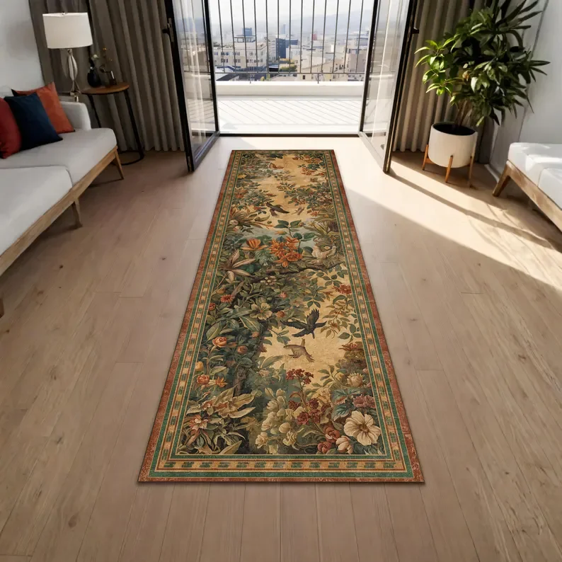 Vintage Botanical Bird Runner Rug Floral Tapestry Hallway Carpet Antique Garden Cottagecore Long Narrow Entryway Kitchen Rug