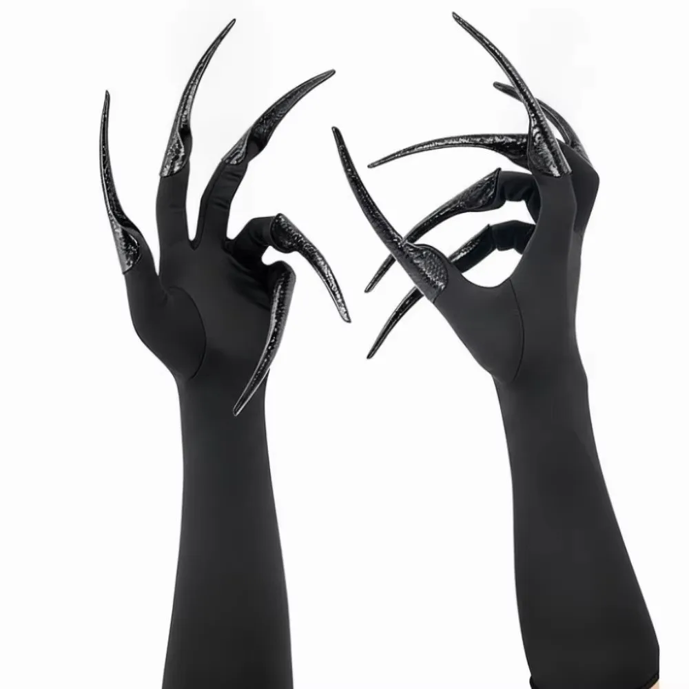 Black Color Long Nails Gloves Polyester Material Detachable Claw Nails Cosplay Gloves Stretch Elastic Finger Nails Design
