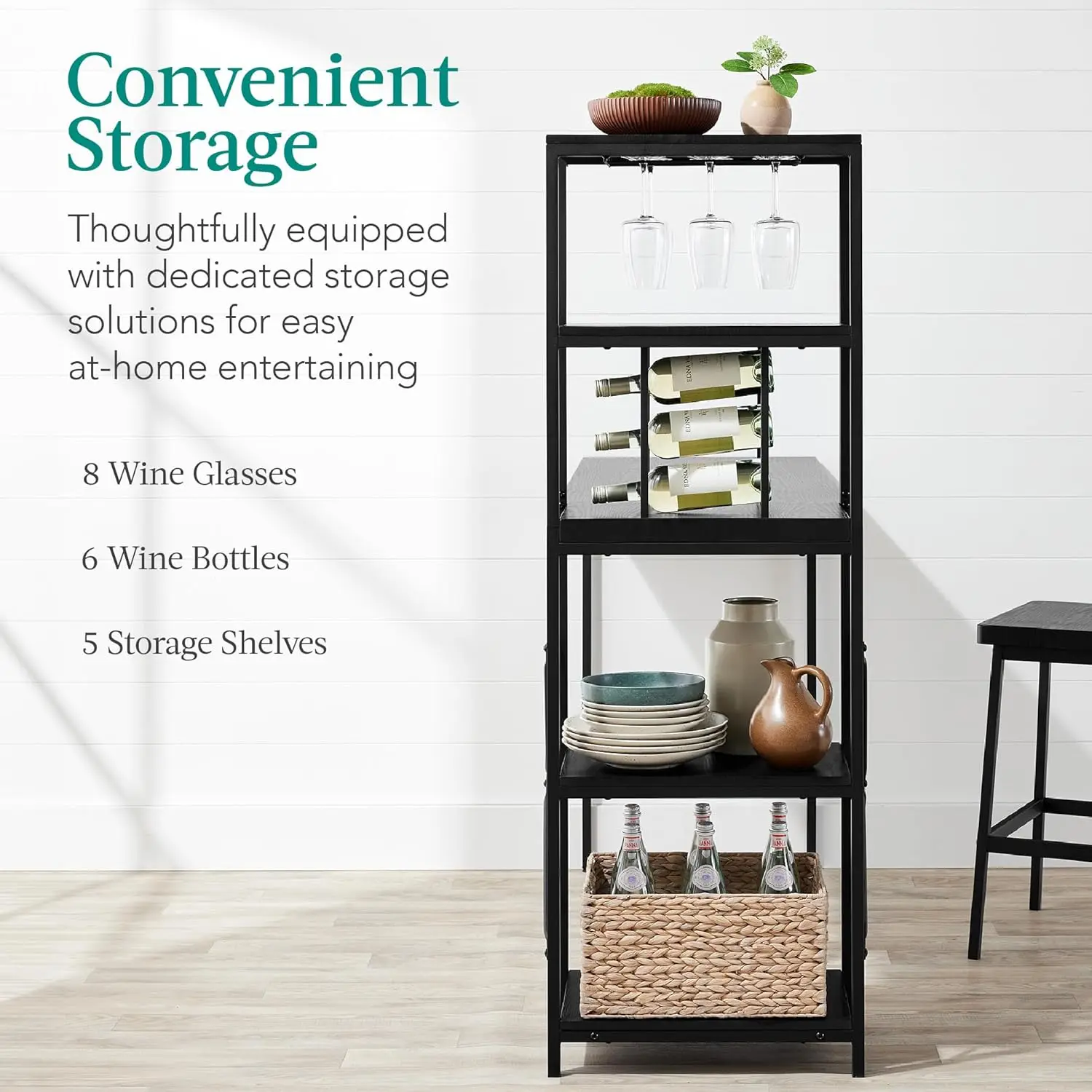 3-Piece Counter Height Dining Set, Desk, Bar, Kitchen Island Table W/ 2 Stools, Wine Rack & Storage Shelves - Black