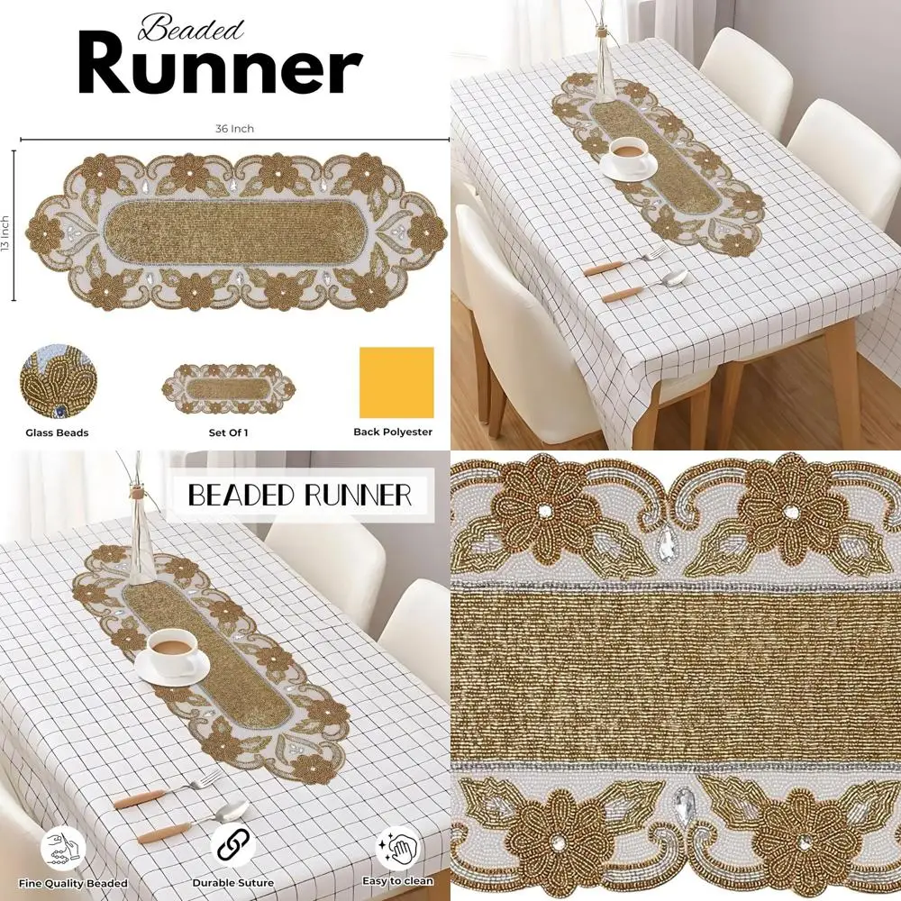 

Handcrafted Gold & Ivory Beaded Table Runner for Festive Dining and Celebrations