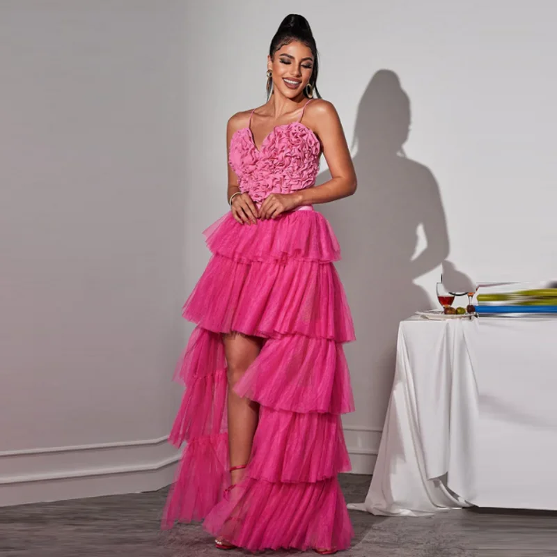 

Pink Party Tiered Trimmed Skirts Layered High Low Tutu Skirt Asymmetrical Tulle Women Skirts Elastic Wasitband