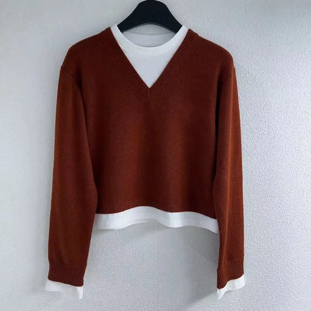 

2025 Fall/Winter Contrast Stitching Contrast Fake Two-Piece Pullover Long-Sleeved Knitwear