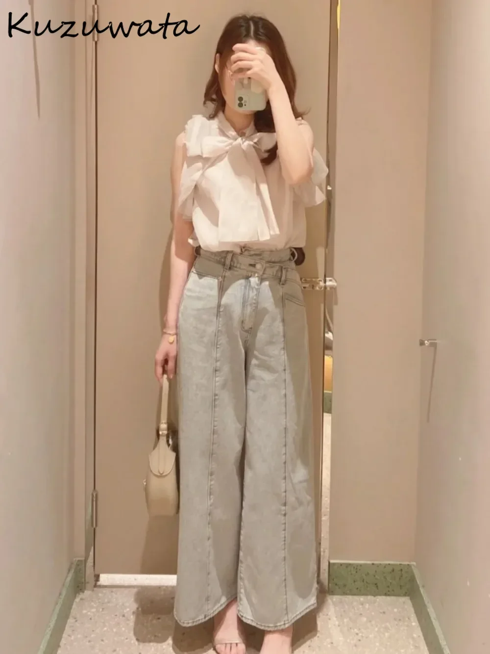 Kuzuwata New Casual High Waist Wide Leg Pant All-match Loose Mid-length Temperament Trouser Japan Moda Vintage Simple Denim Pant