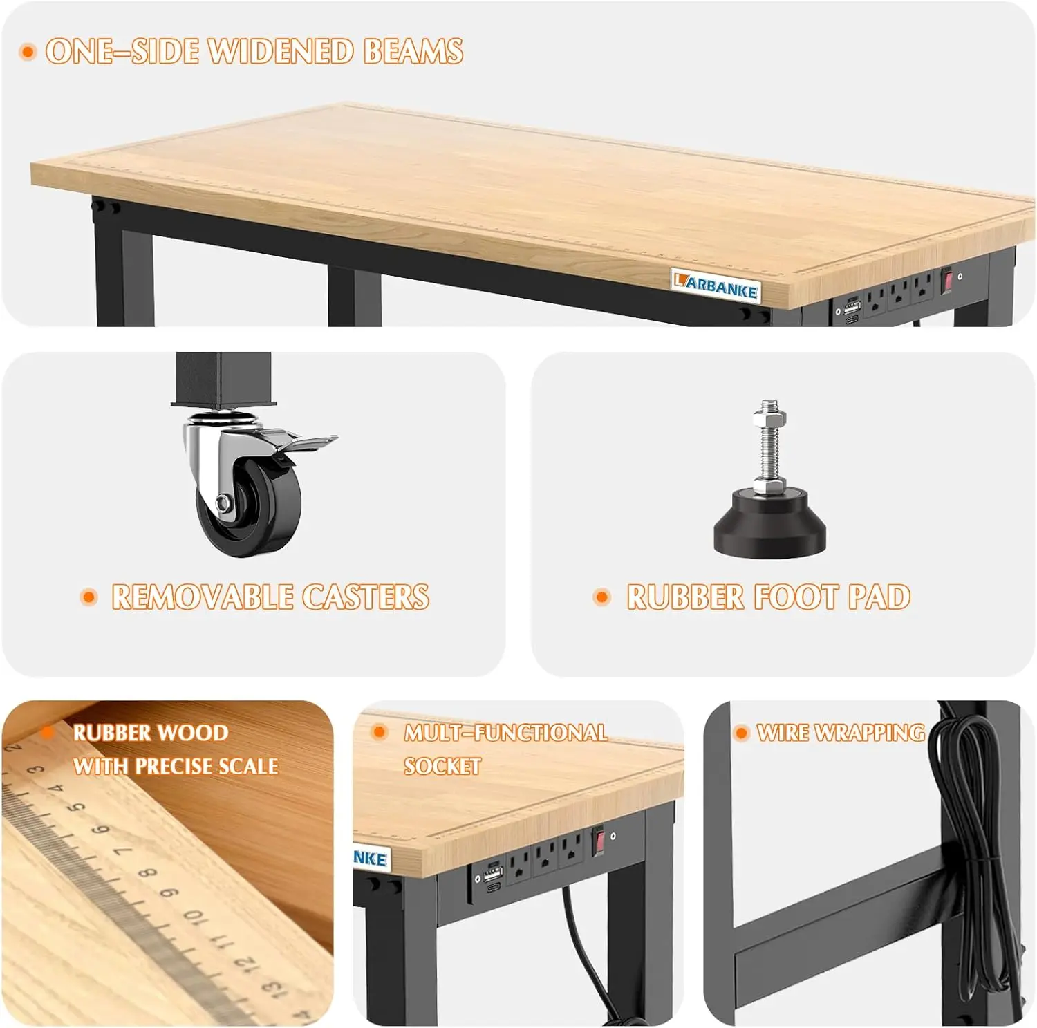 Bancada de trabalho com rodas, mesa de trabalho de madeira de borracha resistente com tomadas de energia, balanças de precisão e almofadas para os pés, capacidade de carga de 2.000 libras