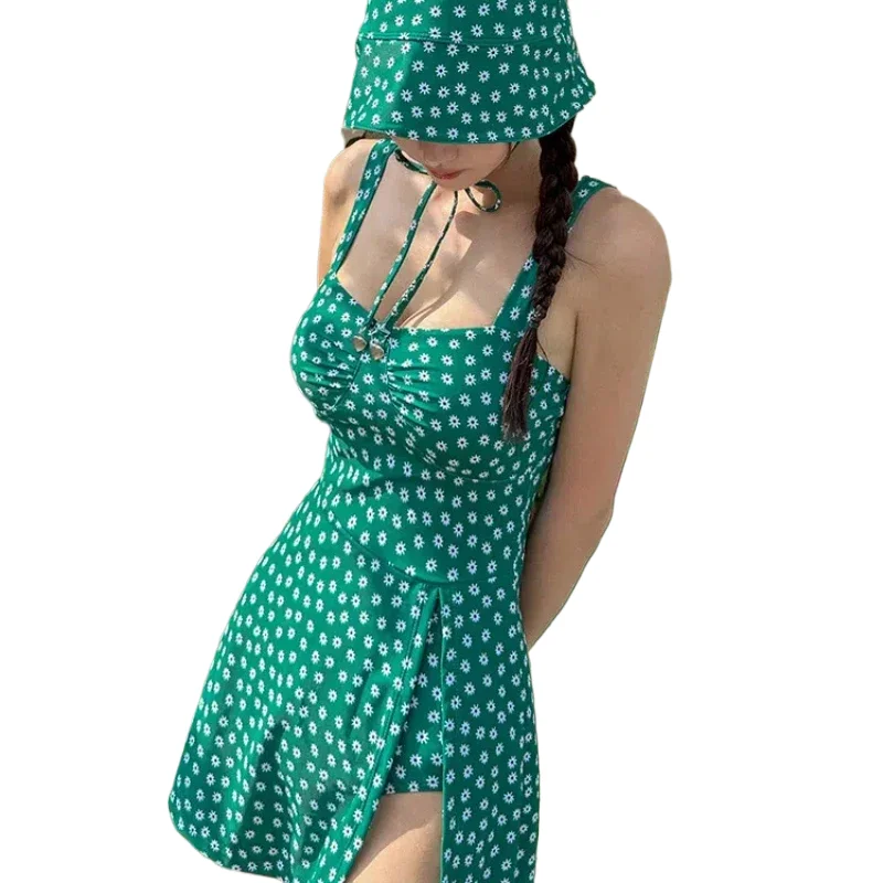 

2024 Green One Piece Swimsuit Women Swimwear Sexy Floral Print Dress with Hat Swimming Suit Korean Monokini Beach Bathing Suit