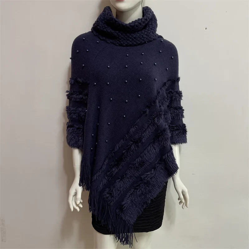 

European American Autumn Winter New Jacquard Pearl Women Wear Warm High Collar Lady Shawl Cloak Fashion Navy