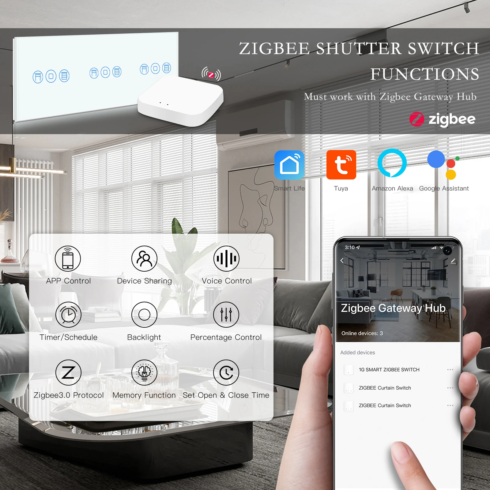 BSEED Zigbee Shutter Switches Tuya APP Control Smart Roller Blind Series White Glass Support Google Smart Life Roller Shutter