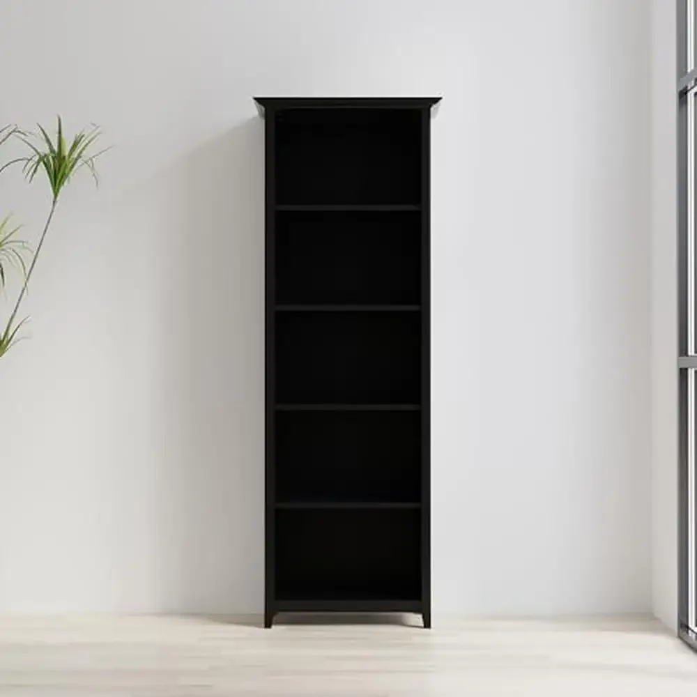 Transitional Wood 5 Shelf Bookcase Office Study Room Storage Unit 26 inch Black Solid Handcrafted Grooved Detail Multipurpose