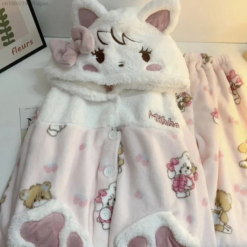 Miniso Cartoon Mikko Cute Plush Matching Set Women Coral Fleece Pink Cardigan Top Hooded Pants 2 Piece Pajamas Suit Y2k Clothes