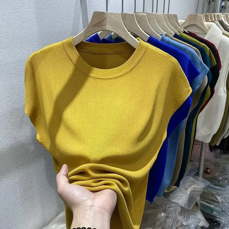 Klein Blue Elegant Blouses Summer O Neck Knitted Fashion Woman Blouse 2024 temperament Solid Color Oversized T-shirt Women