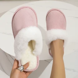 Lucyever Pink Faux Suede Faux Fur Slippers Women Home Warm Non Slip Slides Woman Causal Flat Heels Plush Slipper Shoes Female